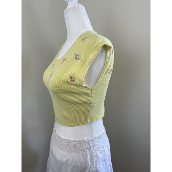 Free People Baby Tee Yellow Small Crop Top Shirt Knit Embroidered Ribbed - Picture 5 of 10